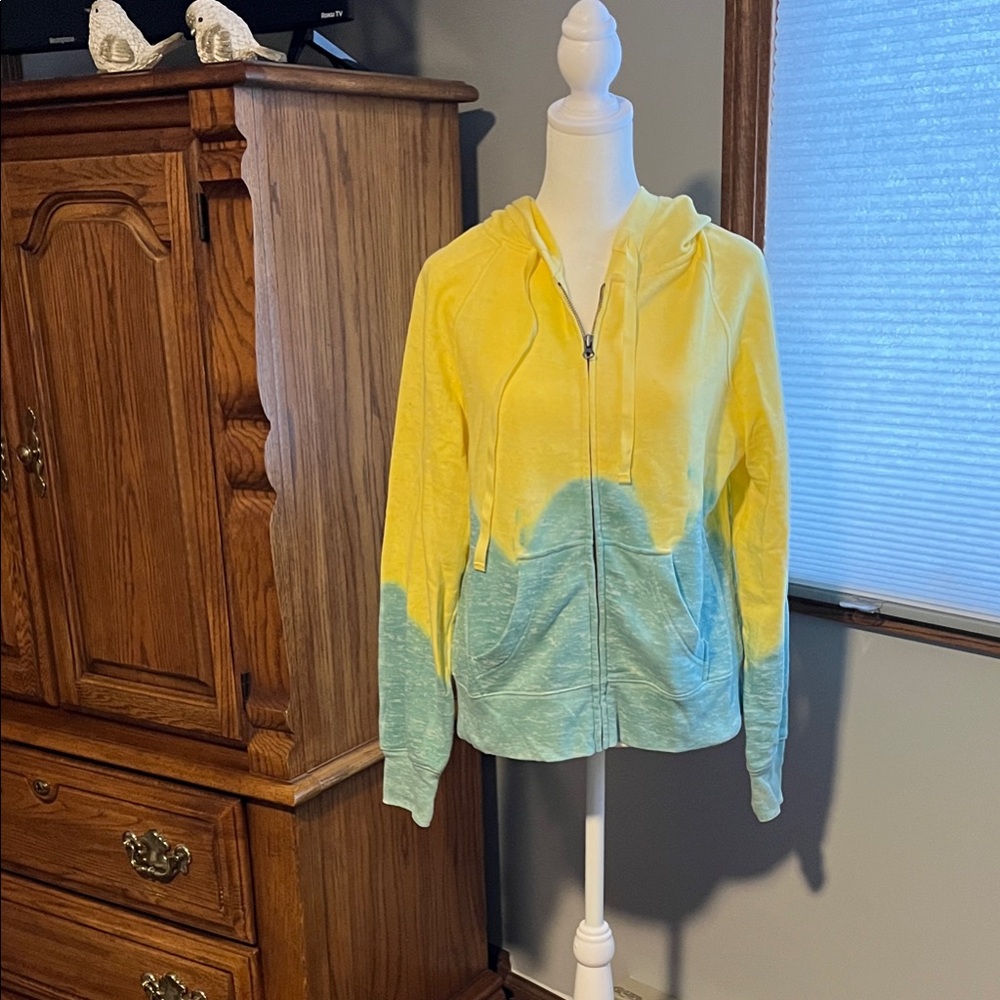 Yellow and Turquoise Tie-Dye Zip-Up Hoodie